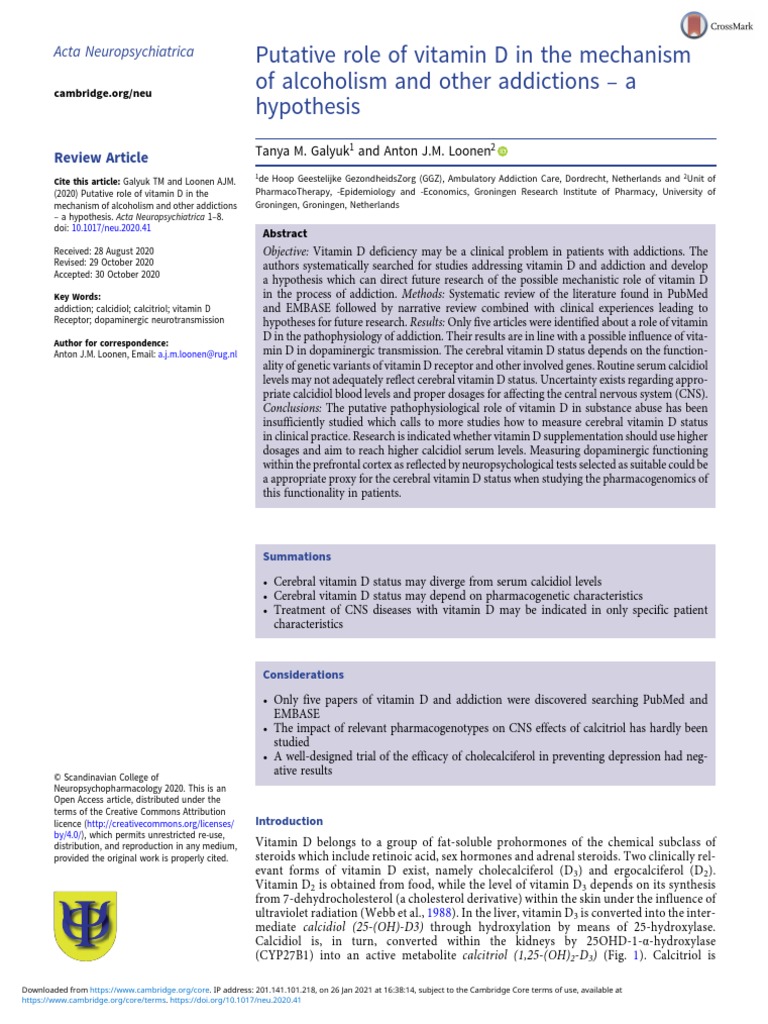Putative Role of Vitamin D in The Mechanism of Alcoholism and Other