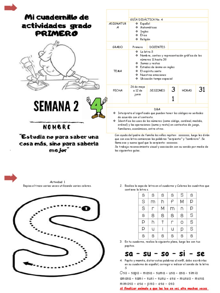 Actividades de la letra S para primer grado | PDF