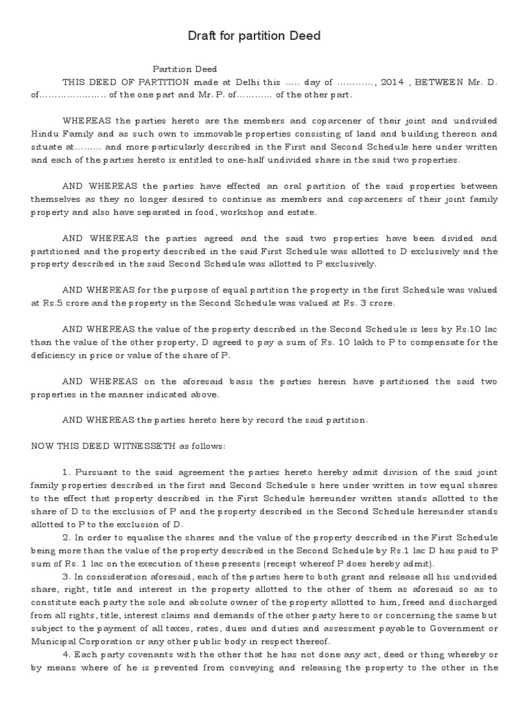 Partition Deed for Family Property | PDF | Covenant (Law) | Deed