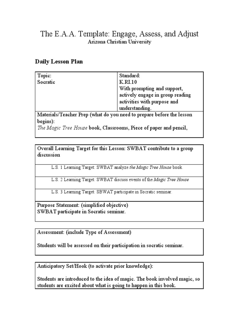 Socratic Seminar Lesson Plan Example | PDF | Lesson Plan | Teachers
