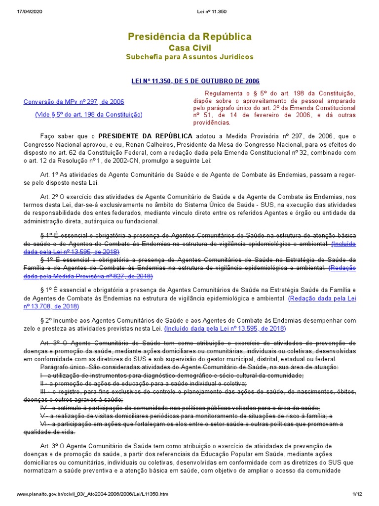 Lei 11.350/2006: Agentes de Saúde e Endemias | PDF | Epidemiologia ...