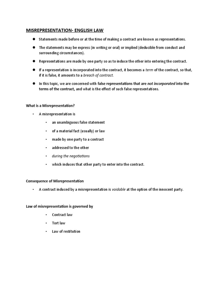 Understanding Misrepresentation in Contracts | PDF | Misrepresentation ...