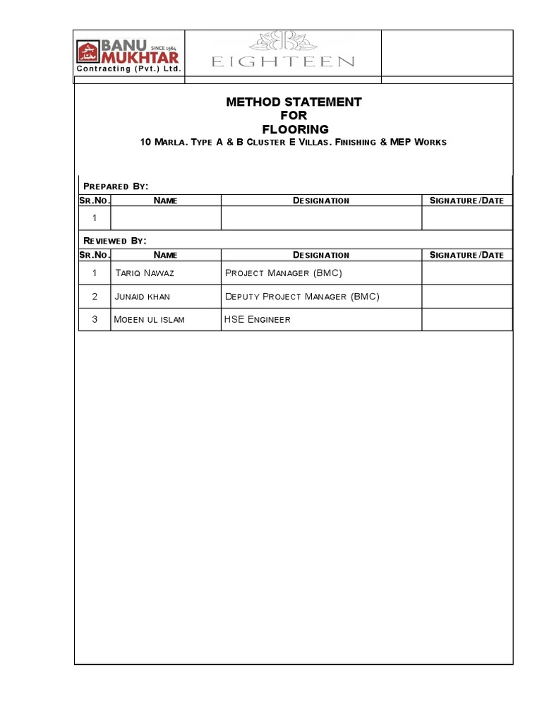 Method Statement FOR Flooring: 10 M - T A&Bc EV - F & Mep W | PDF ...