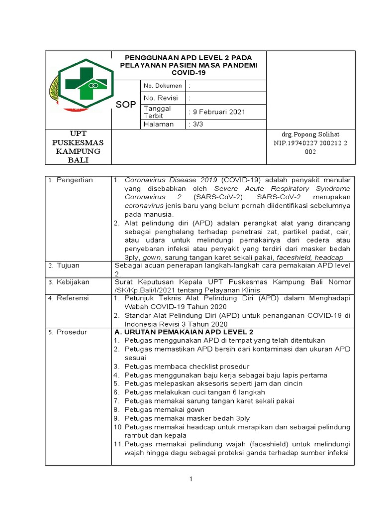 SOP APD Level 2 COVID-19 Puskesmas | PDF