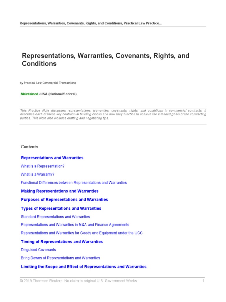 Practical Law US Representations Warranties Covenants Rights and