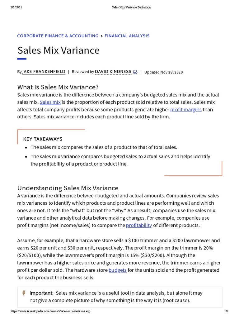 Sales Mix Variance Definition Investopedia PDF Return On