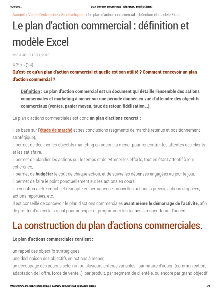 Exemple De Plan Daction Commercial Excel Gratuit Plan D'action Commercial - Définition, Modèle Excel | PDF | Microsoft Excel  | Commercialisation