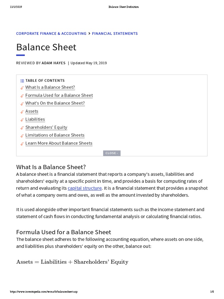 Balance Sheet Definition - Investopedia | PDF | Balance Sheet | Equity