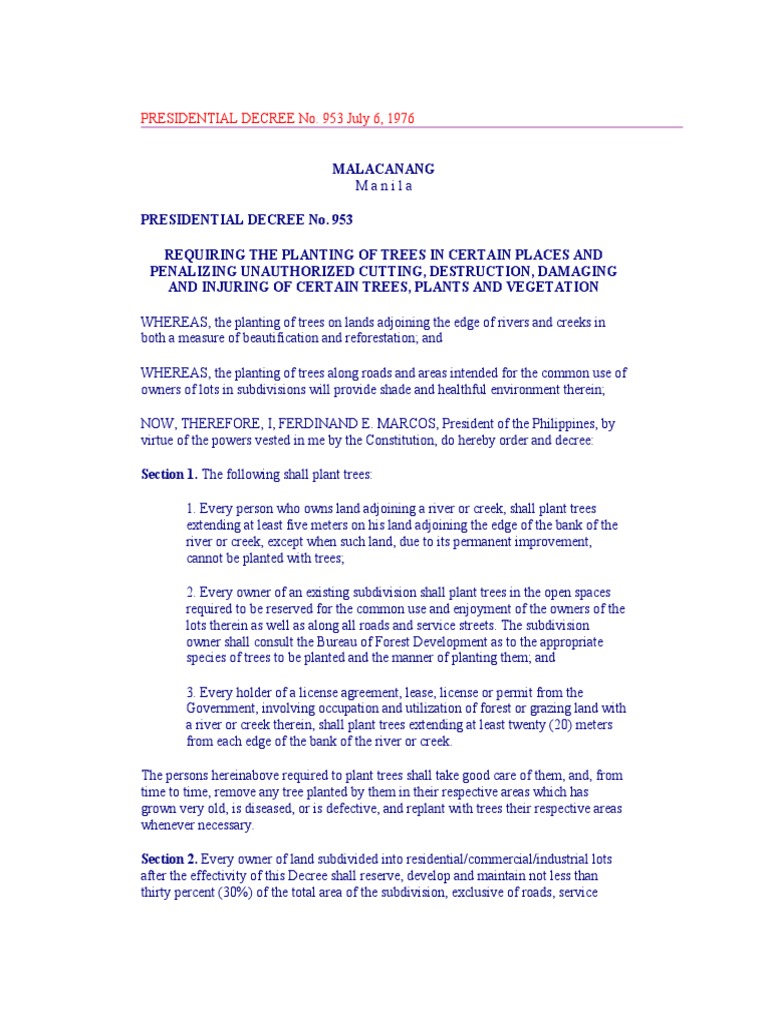 PD 953 Requiring Tree Planting Along Rivers, Roads | PDF | Fine ...
