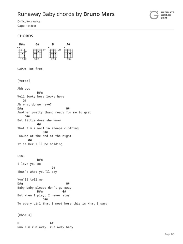 Runaway Baby Chords (Ver 2) by Bruno Marstabs at Ultimate Guitar Archive PDF Song Structure