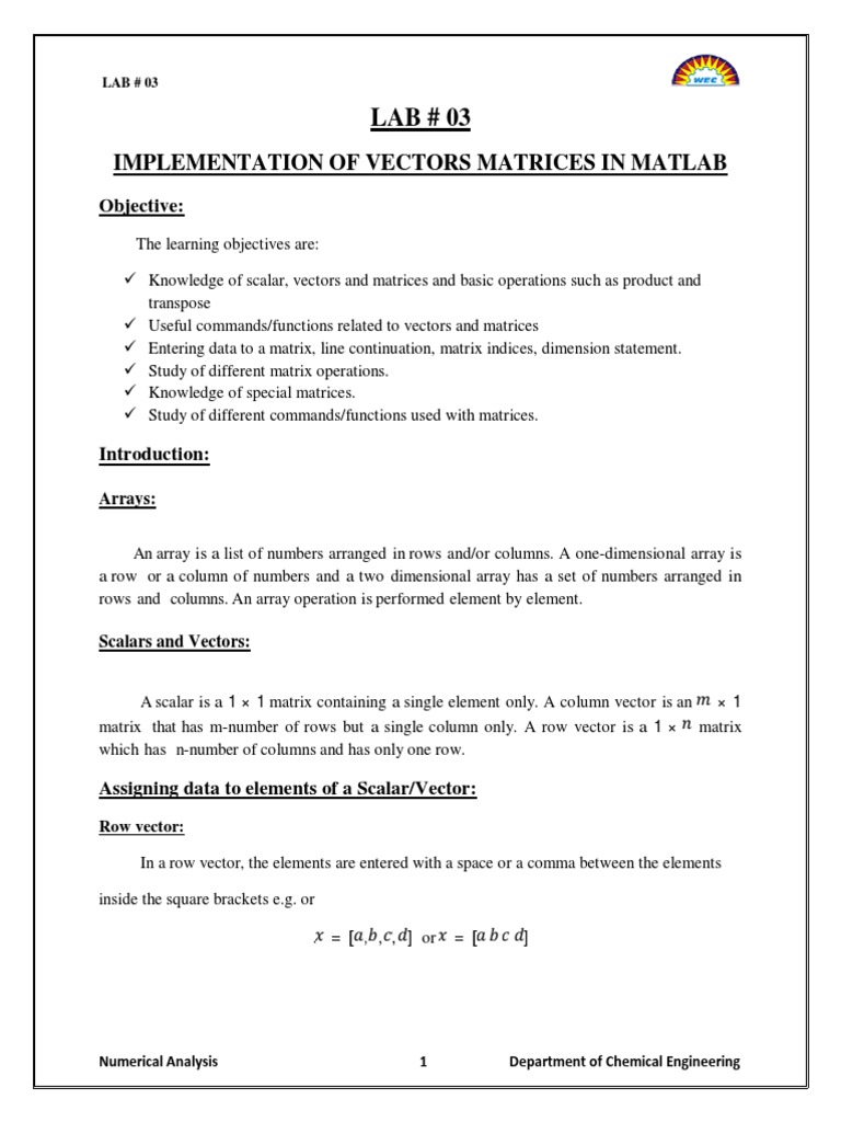 MATLAB Vectors and Matrices Lab Guide | PDF | Matrix (Mathematics) | Matlab