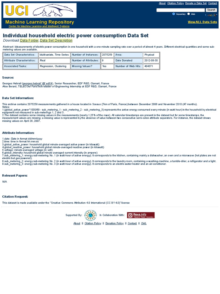 UCI Machine Learning Repository Individual Household Electric Power