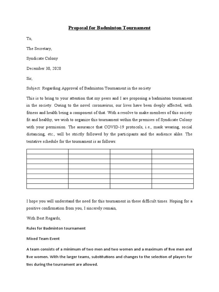 Proposal For Badminton Tournament PDF Sports Recreation