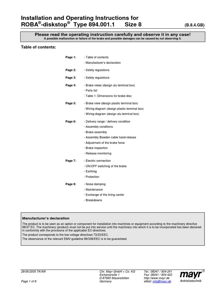 Installation and Operating Instructions For Roba - Diskstop Type 894. ...
