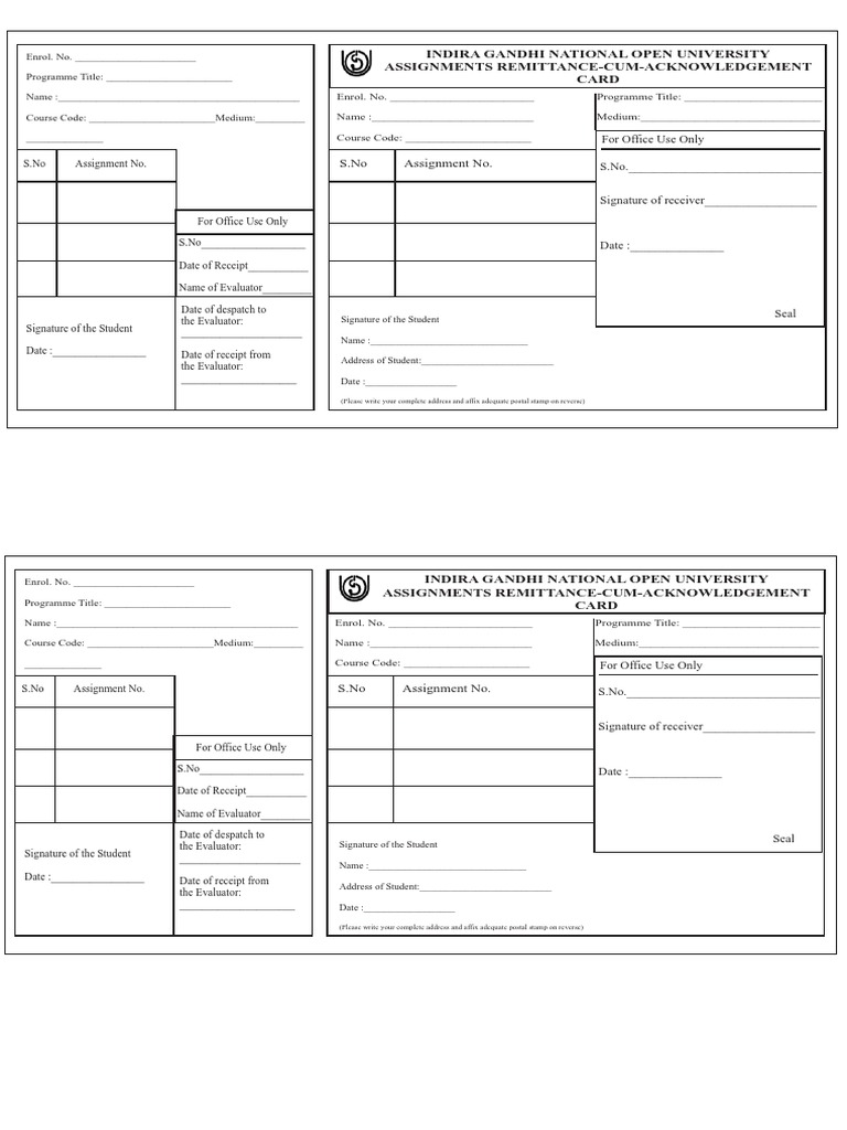 ignou assignment acknowledgement format