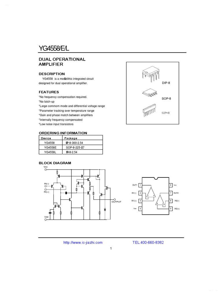 YG4558/E/L: Dual Operational Amplifier | PDF | Amplifier | Electrical ...