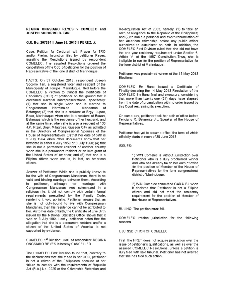 Regina ongsiako reyes v comelec and joseph socorro b tan g r no