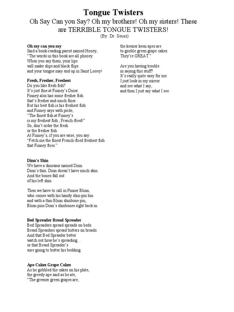 Tongue Twisters Oh Say, Can You Say Dr. Seuss PDF Foods