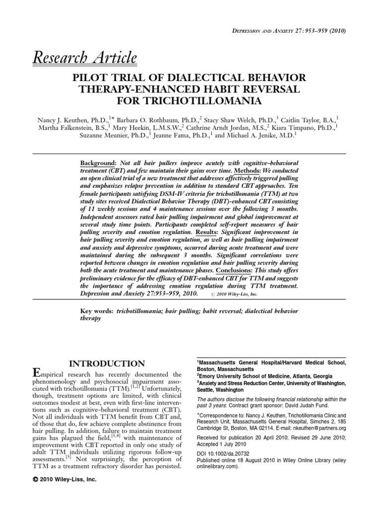 Pilot Trial of Dialectical Behavior Therapy-Enhanced Habit Reversal For ...