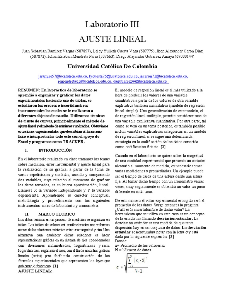 Ajuste Lineal LABORATORIO III | PDF | Regresión lineal | Medición
