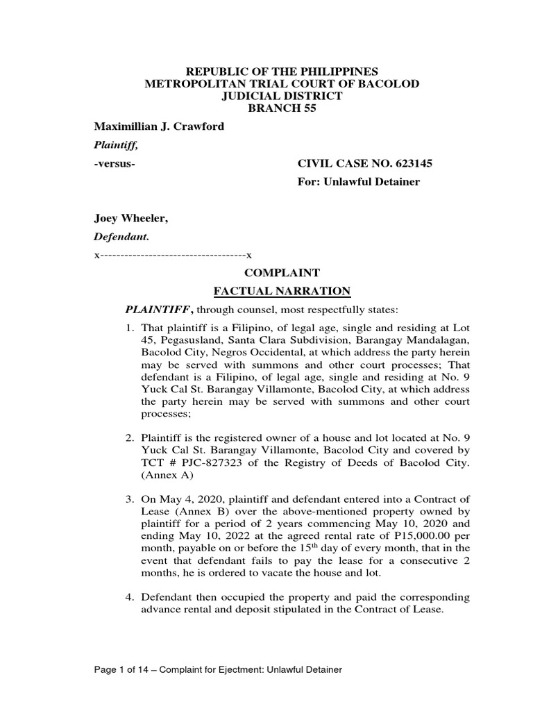 Ejectment Complaint: Unlawful Detainer | PDF | Lease | Lawsuit