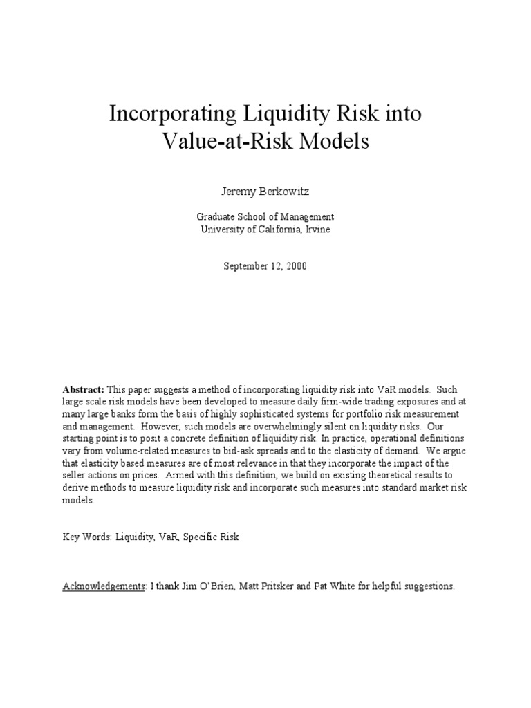 Incorporating Liquidity Risk into VaR Models | PDF | Liquidity Risk ...