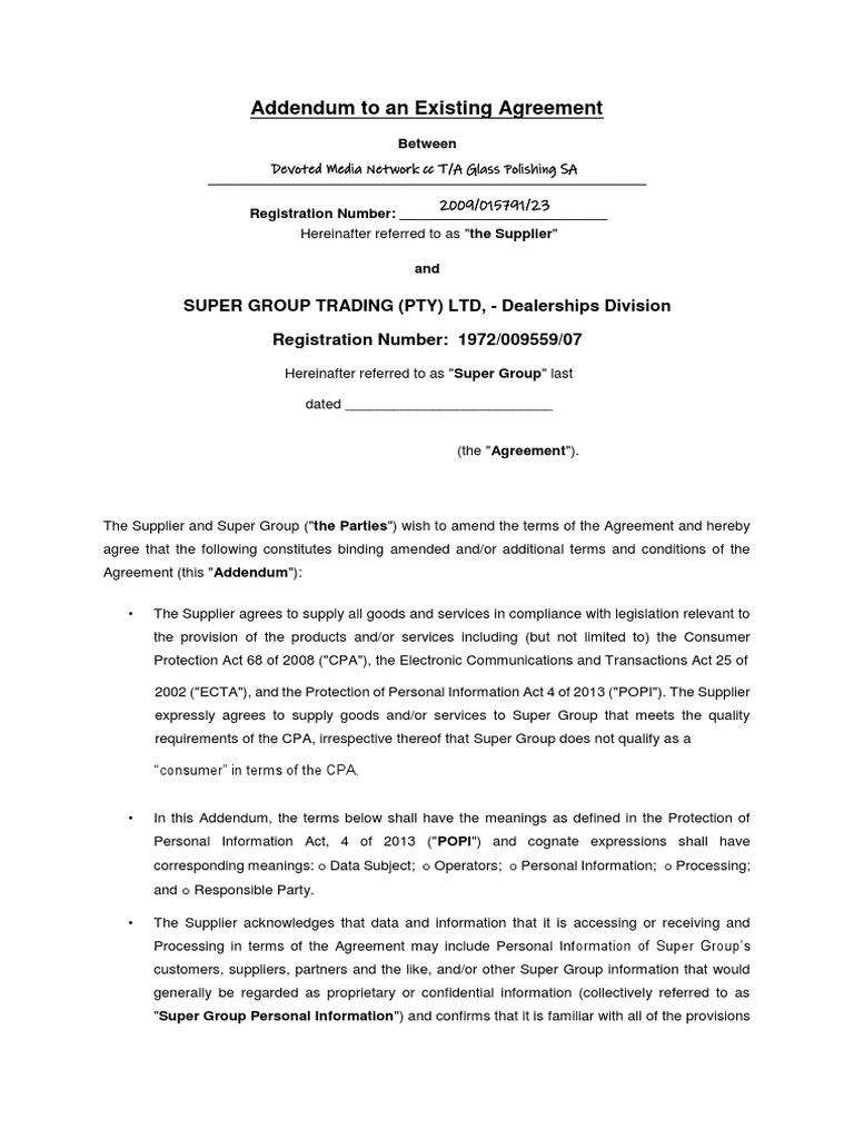 Addendum To Agreement (POPI & CPA) November 2019-1-2171 | PDF | Breach ...