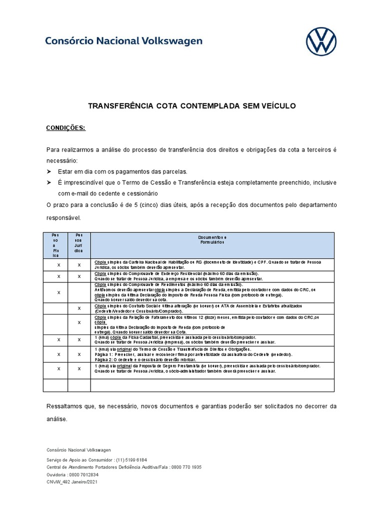 Transferência de Cota Consórcio VW | PDF | Consórcio | Seguro