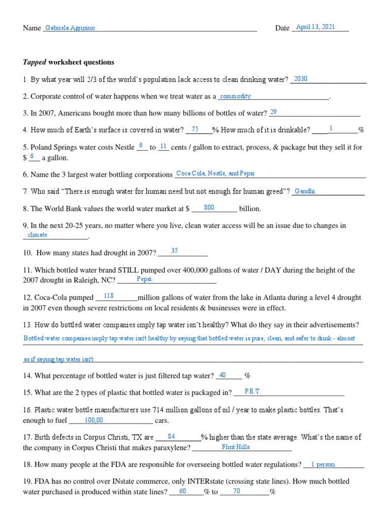 Tapped Worksheet Questions PDF Bottled Water Coca Cola