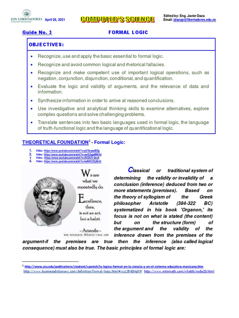 Guide No. 3 Formal Logic Objectives | PDF | Logic | Argument