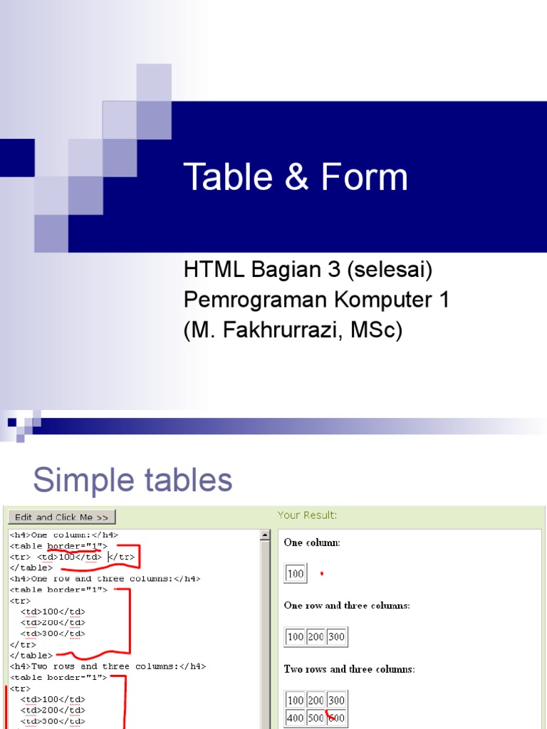 Table & Form: HTML Bagian 3 (Selesai) Pemrograman Komputer 1 (M ...