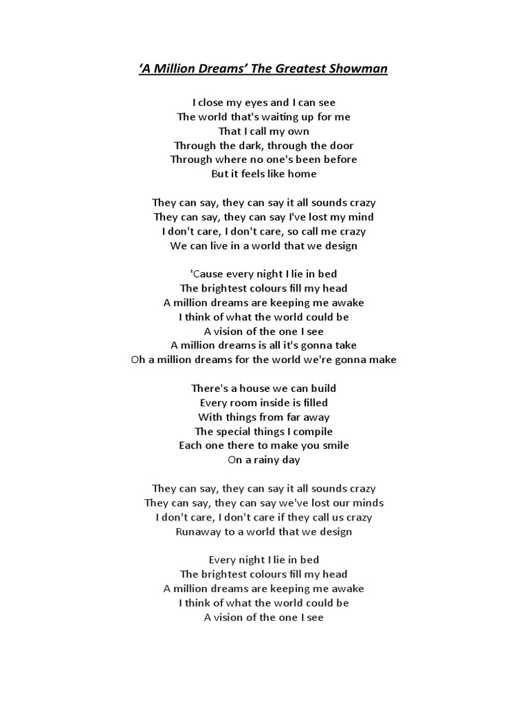 A Million Dreams Lyrics To Print