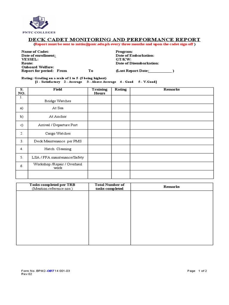 Deck Cadet Performance Monitoring Report | PDF | Ships Of The United ...