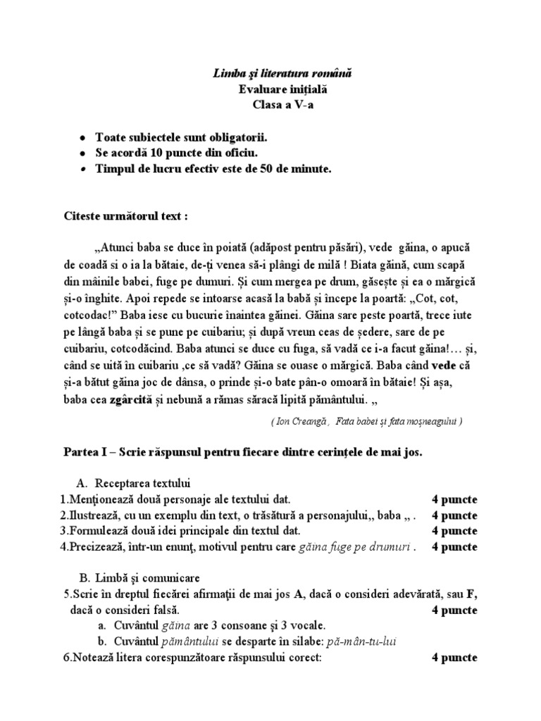 0 Test de Evaluare Initiala V | PDF