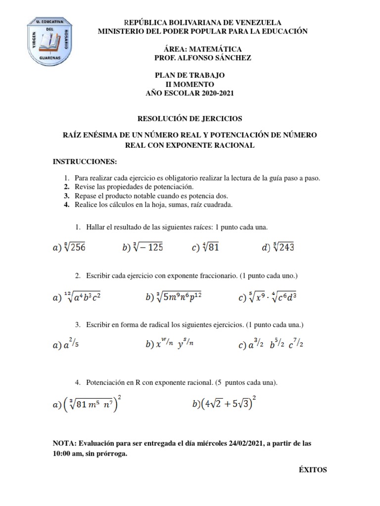 Ii Evaluación De 3er Año Raíz Enésima Y Potenciación De Números