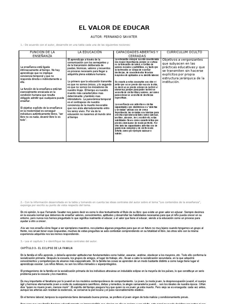 El Valor de Educar según Savater | PDF | Plan de estudios | Aprendizaje