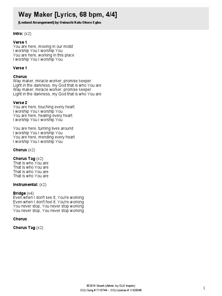 Way Maker (Lyrics 68 BPM 4/4) : Intro: (x2) Verse 1 PDF
