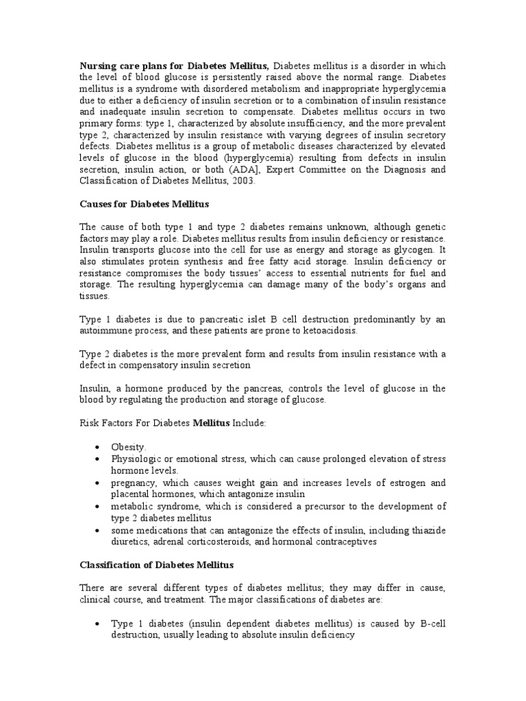 Nursing Care Plans For Diabetes Mellitus | PDF | Diabetes | Insulin