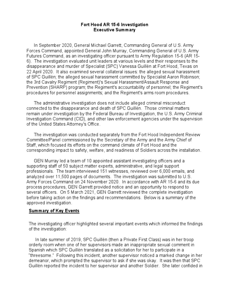 Fort Hood 15-6 Investigation Summary | PDF | Desertion | Sexual Harassment