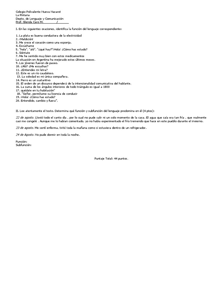 Funciones del Lenguaje en Ejercicios | PDF | Artes del Lenguaje y ...
