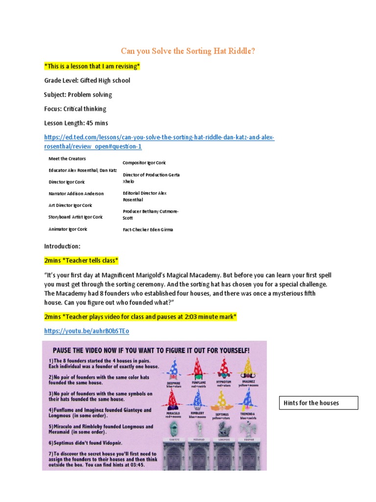 Sorting Hat Riddle Challenge | PDF | Pedagogy | Learning