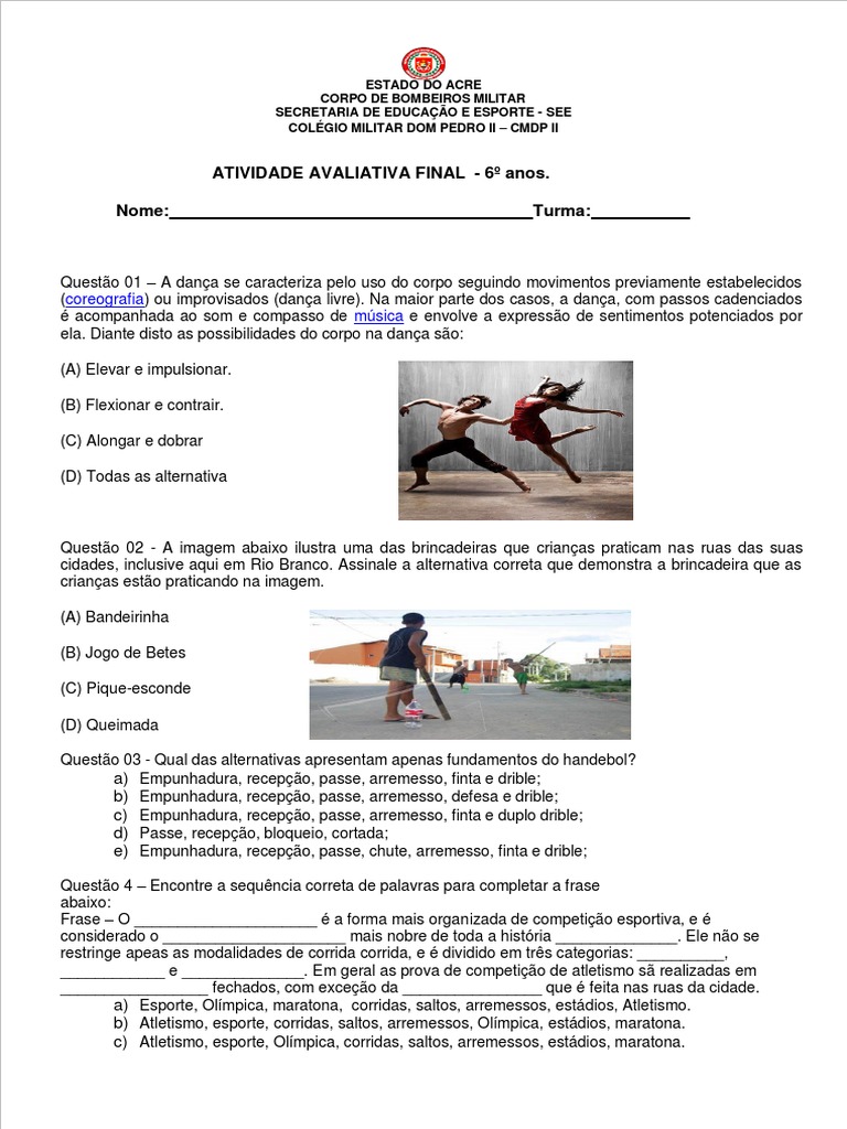 Atividade Avaliativa Final de Educação Física 6º Ano | PDF | Atletismo ...