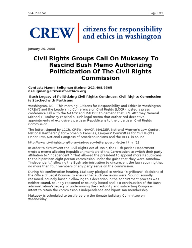 01-29-08 CREW-Civil Rights Groups Call On Mukasey To Rescind | PDF ...