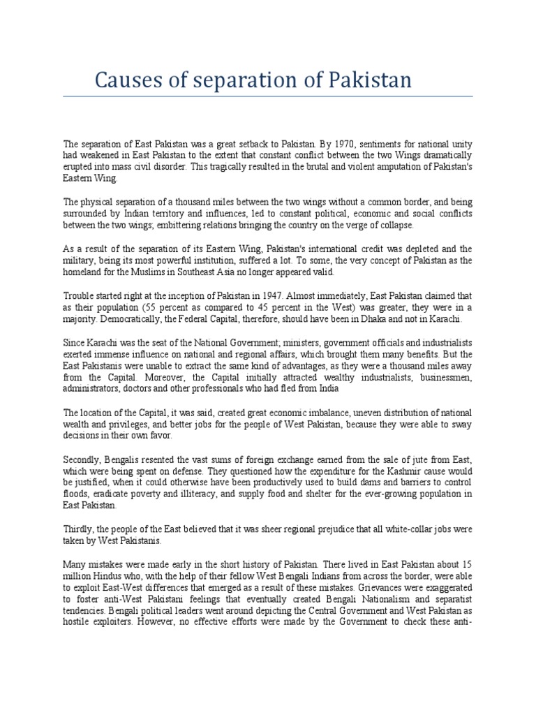 Causes of Separation of Pakistan | PDF | Pakistan