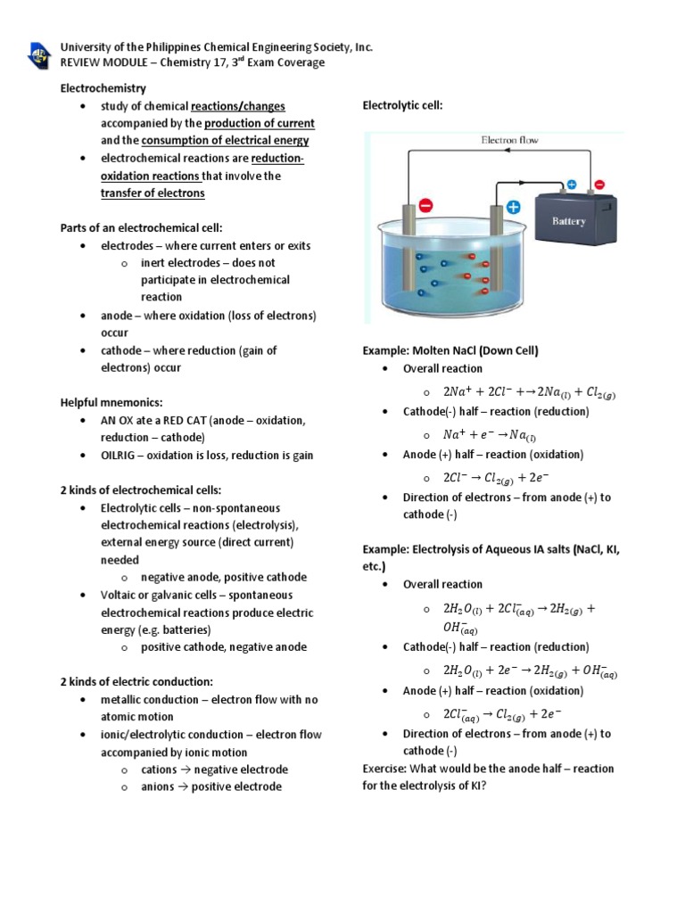 KEM Tutorials Chem 17 Module (3rd Exam) Electrochemistry Redox