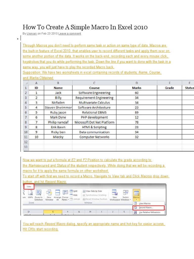 How To Create A Simple Macro In Excel 2010 PDF Microsoft Excel
