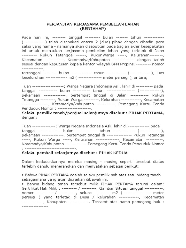 Contoh Perjanjian Kerjasama Pembelian Lahan