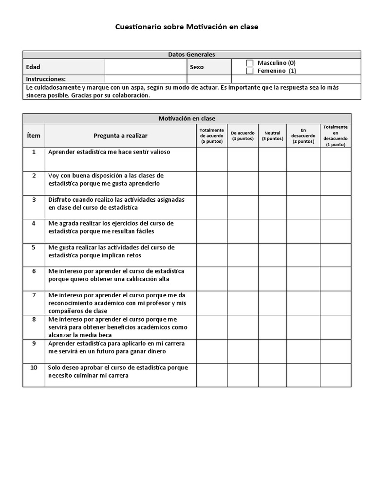 Cuestionario de Motivación en Clase | PDF | Motivación | Motivacional