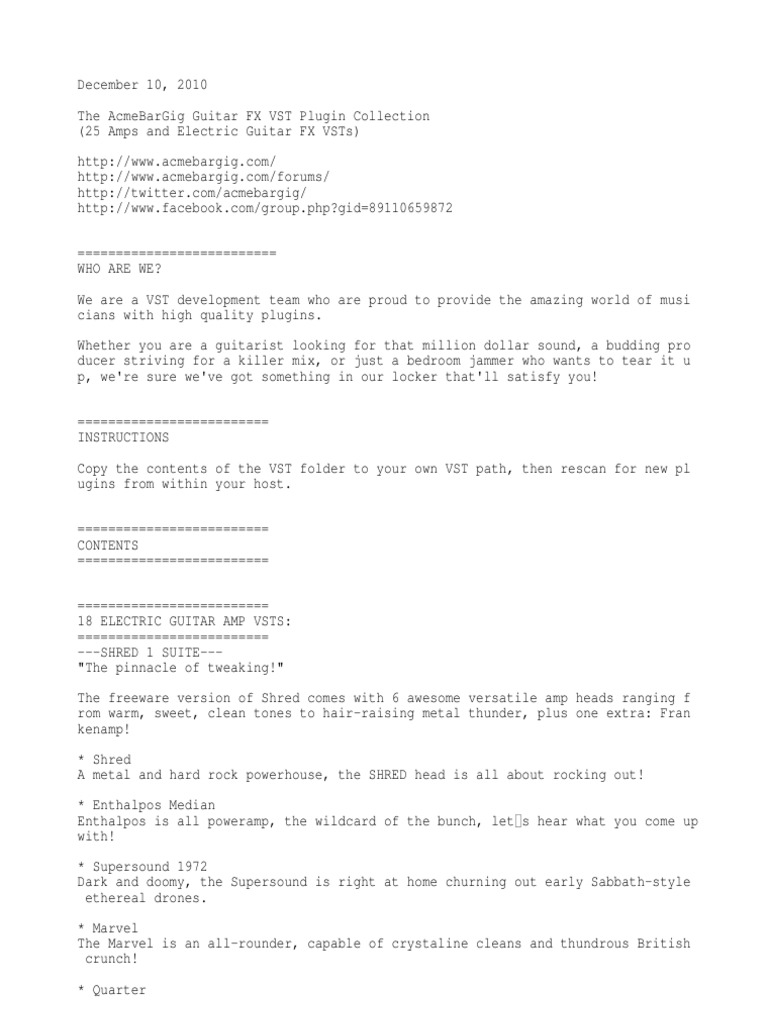 AcmeBarGig Guitar FX VST Plugin Collection Readme PDF Guitar Family