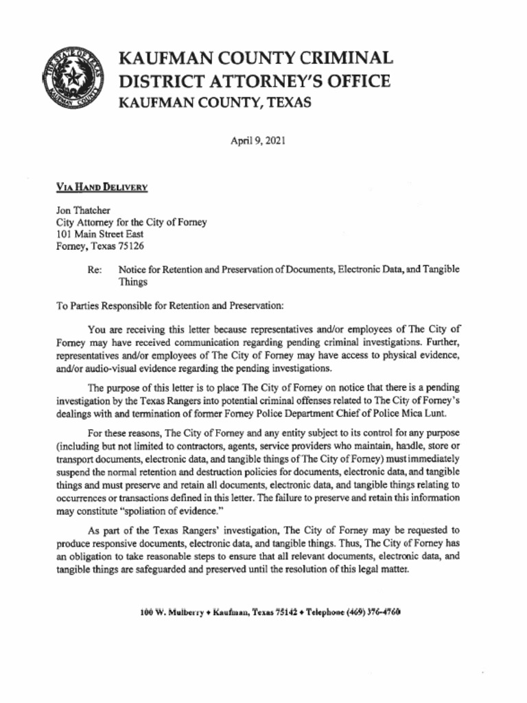 Evidence Preservation Letter To City of Forney PDF